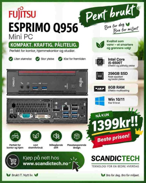Pent brukt Fujitsu Siemens Esprimo Q956 Mini PC Intel i5-6500T - 256GB SSD - 8GB RAM - Win 10/11
