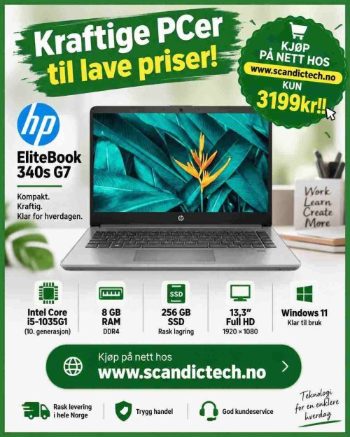 Kraftige PCer til lave priser - HP EliteBook 340s G7 13,3″ i5 -1035G – 256GB SSD – 8GB Ram - Win 11