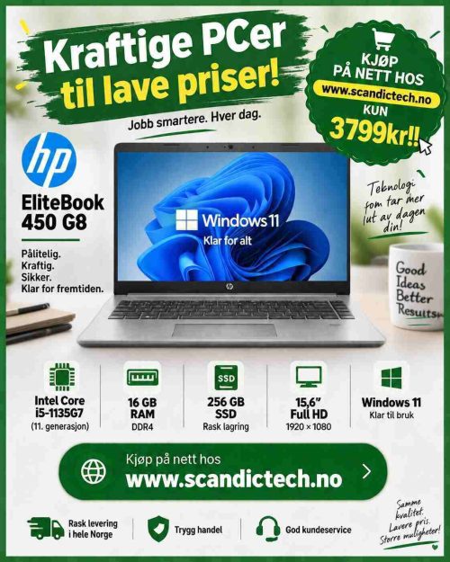 Kraftige PCer til lave priser! HP EliteBook 450 G8 ″ i5 -1135G7 – 256GB SSD – 16GB Ram - Win 11