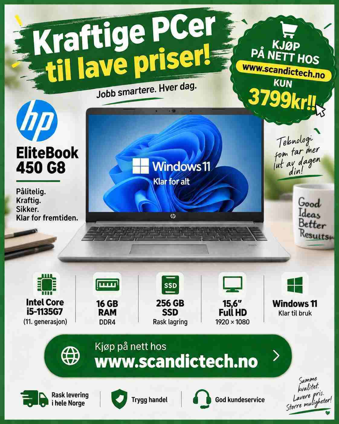 Kraftige PCer til lave priser! HP EliteBook 450 G8 ″ i5 -1135G7 – 256GB SSD – 16GB Ram - Win 11