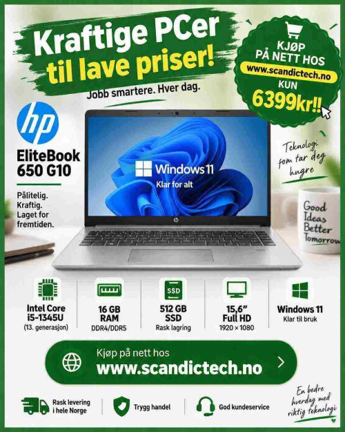 Kraftige PCer til lave priser! HP EliteBook 650 G10 ″ i5 -1345U – 512GB SSD – 16GB Ram - Win 11