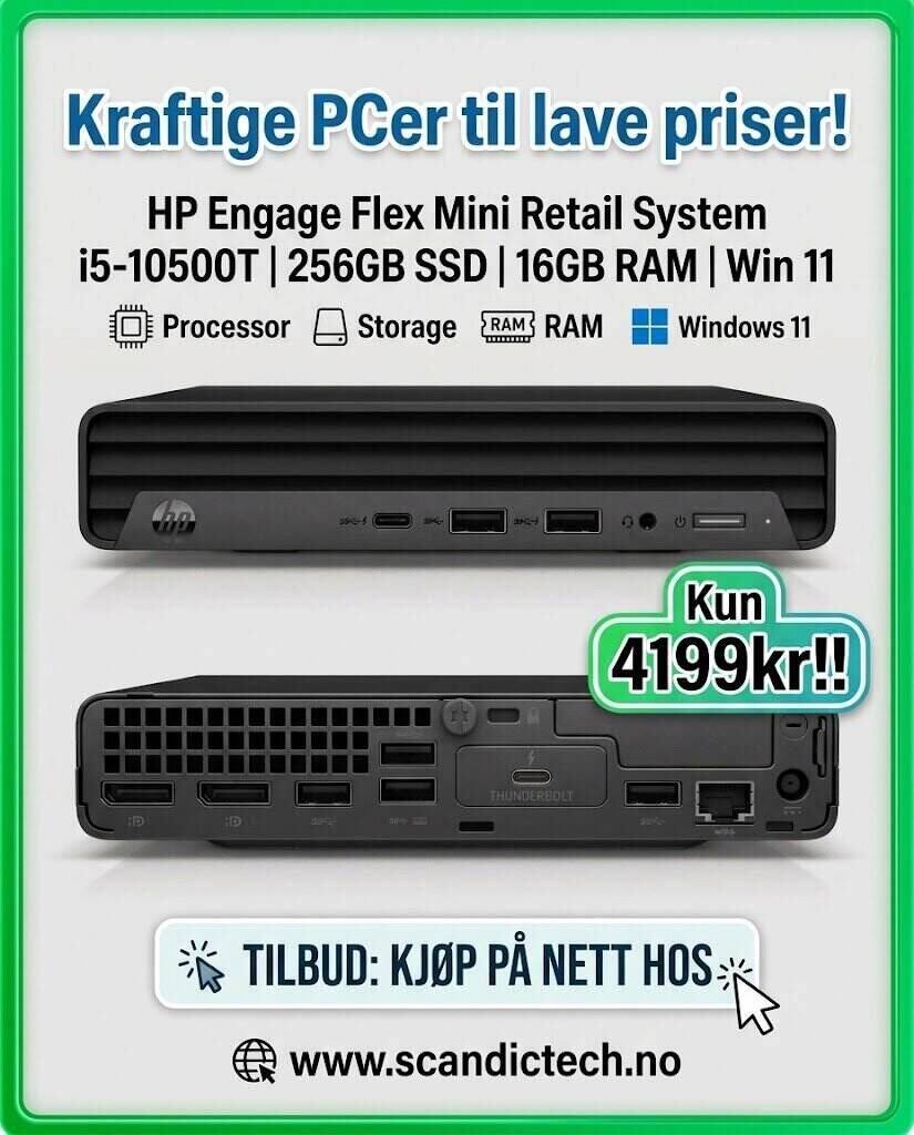 Kraftige PCer til lave priser! HP Engage Flex Mini Retail System i5-10500T - 256GB SSD - 16GB RAM - Win 11