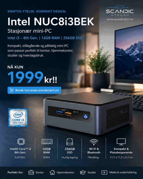 Intel NUC8i3BEK Stasjonær mini-PC Intel i3 – 8th Gen. 16GB – 256GB SSD