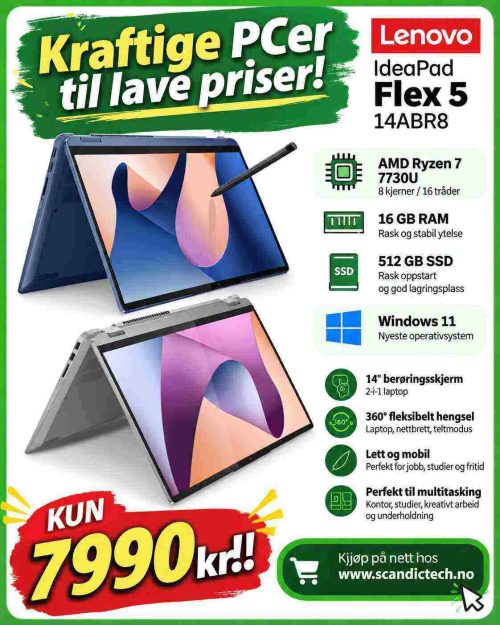 Kraftige PCer til lave priser! Lenovo IP Flex 5 14ABR8″ Ryzen 7 - 7730U – 512GB SSD – 16GB Ram – Win 11