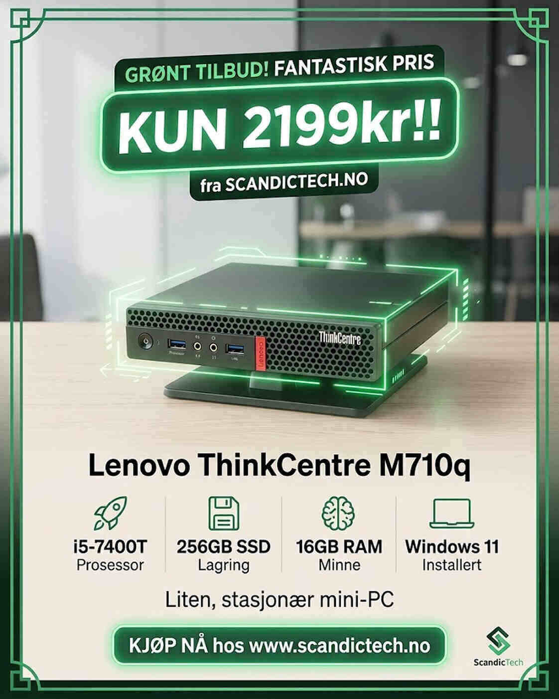 Lenovo ThinkCentre M710q i5-7400T | 256GB SSD - 16GB RAM - Tiny stasjonær mini-PC - Win 11