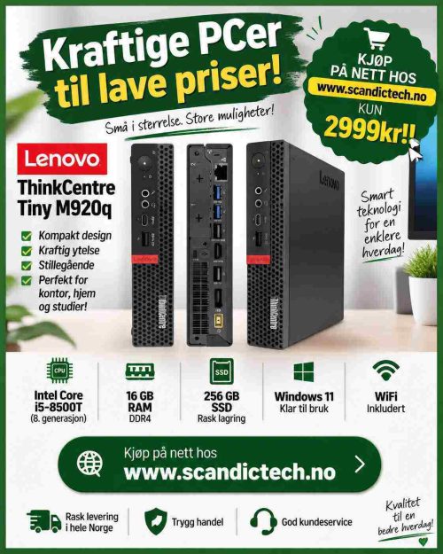 Kraftige PCer til lave priser! Lenovo ThinkCentre Tiny M920q i5-8500T - 16GB RAM - 256GB SSD - Win 11 - Wifi