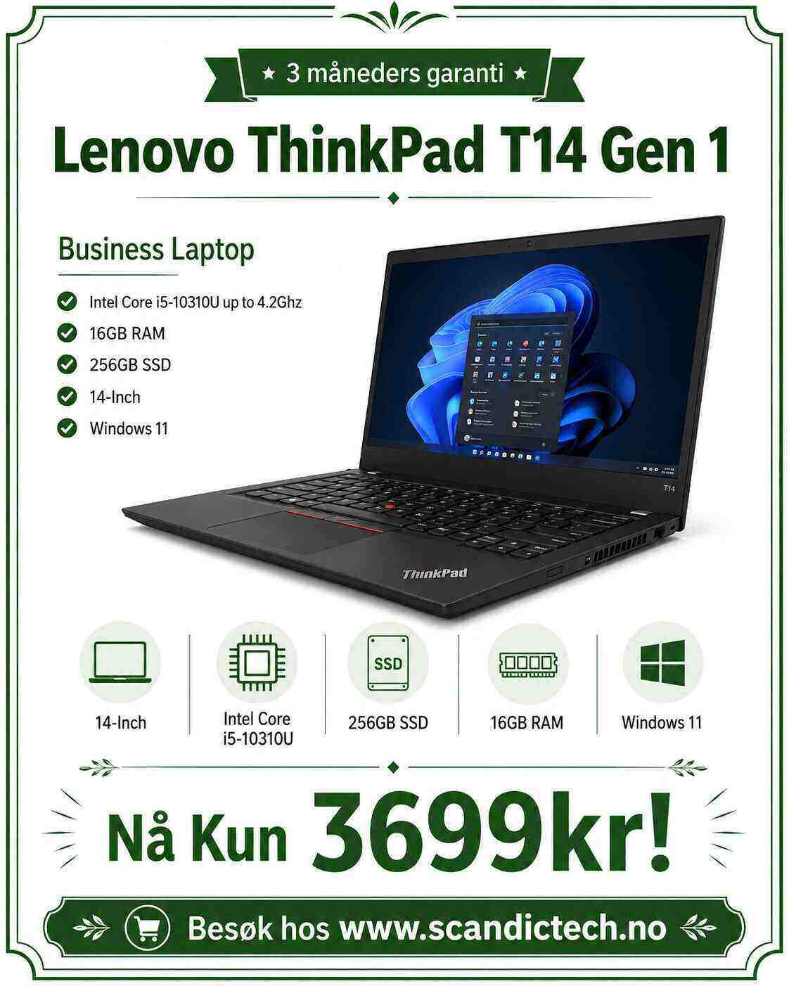 Lenovo Thinkpad T14 Gen 1 Business Laptop, Intel Core i5-10310U Up to 4.2Ghz, 16GB RAM - 256GB SSD, 14-Inch, Windows 11