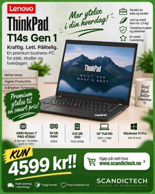 Lenovo ThinkPad T14s Gen 1 – Ryzen 7 Pro 4750U / 512GB SSD – 16GB RAM – Kraftig premium business-PC til salgs
