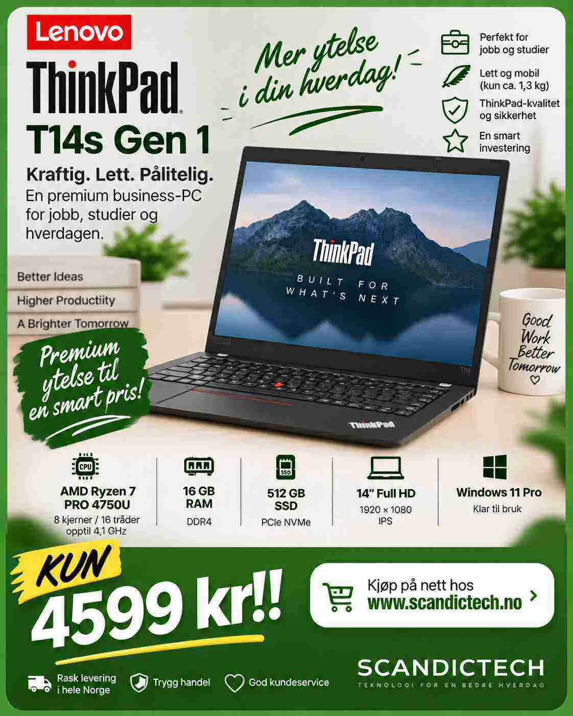 Lenovo ThinkPad T14s Gen 1 – Ryzen 7 Pro 4750U / 512GB SSD – 16GB RAM – Kraftig premium business-PC til salgs