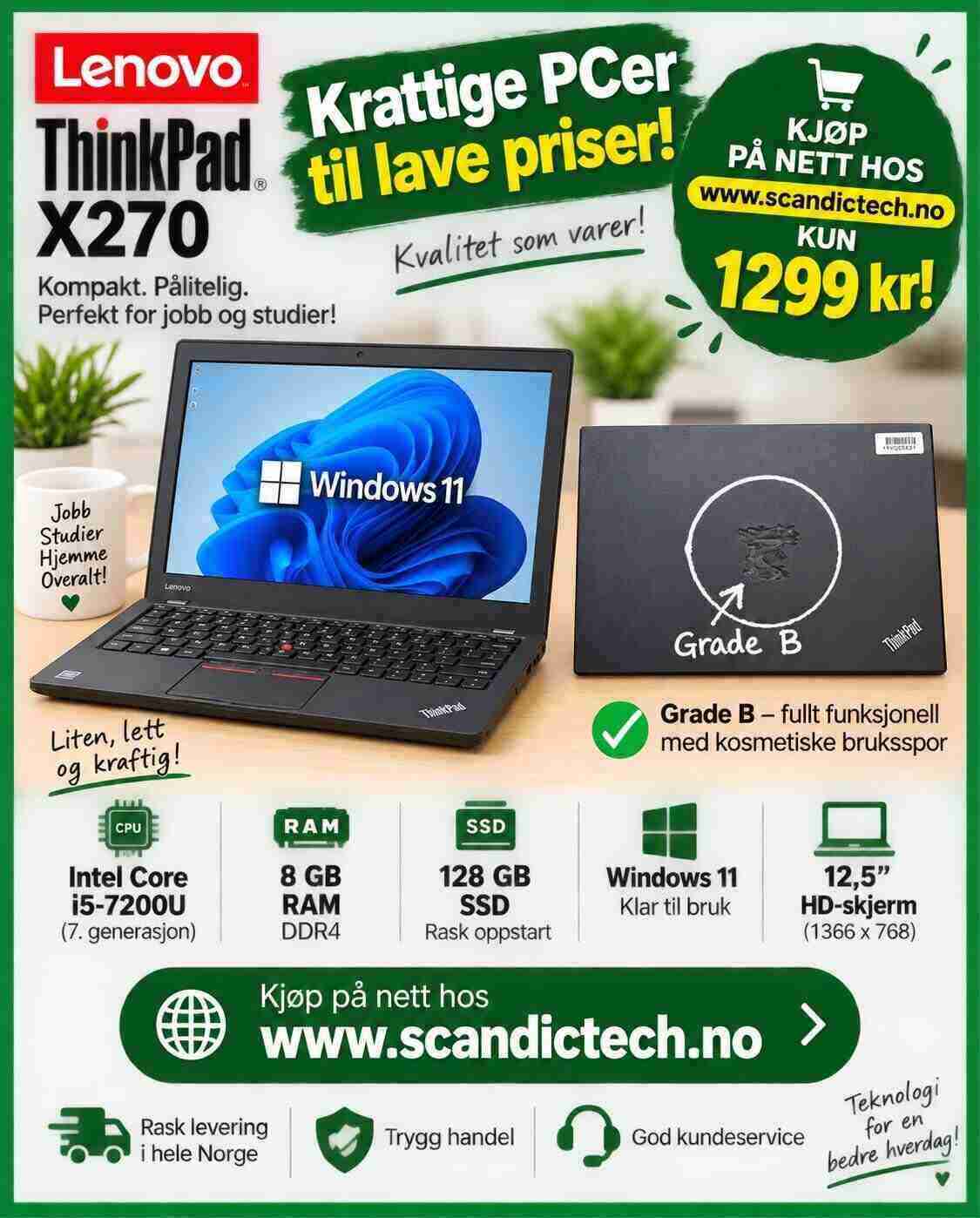 Beste prisen! Lenovo ThinkPad X270 i5-7200U | 128GB SSD - 8GB RAM - Win 11 - Grade B
