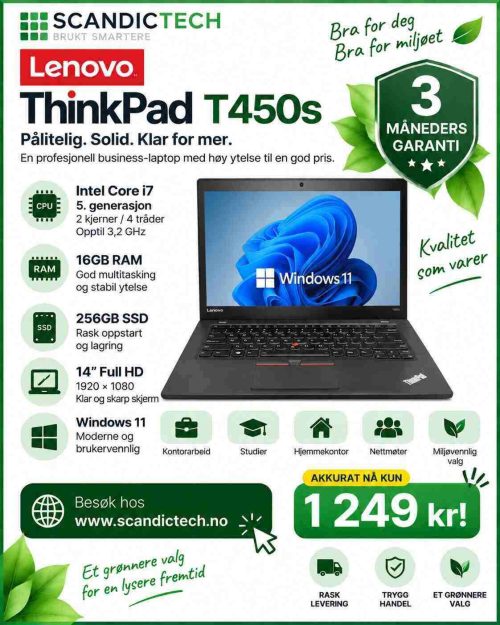 Tilbud! Lenovo ThinkPad T450s i7 - 5th Gen | 256GB SSD - 16GB RAM - Win 11