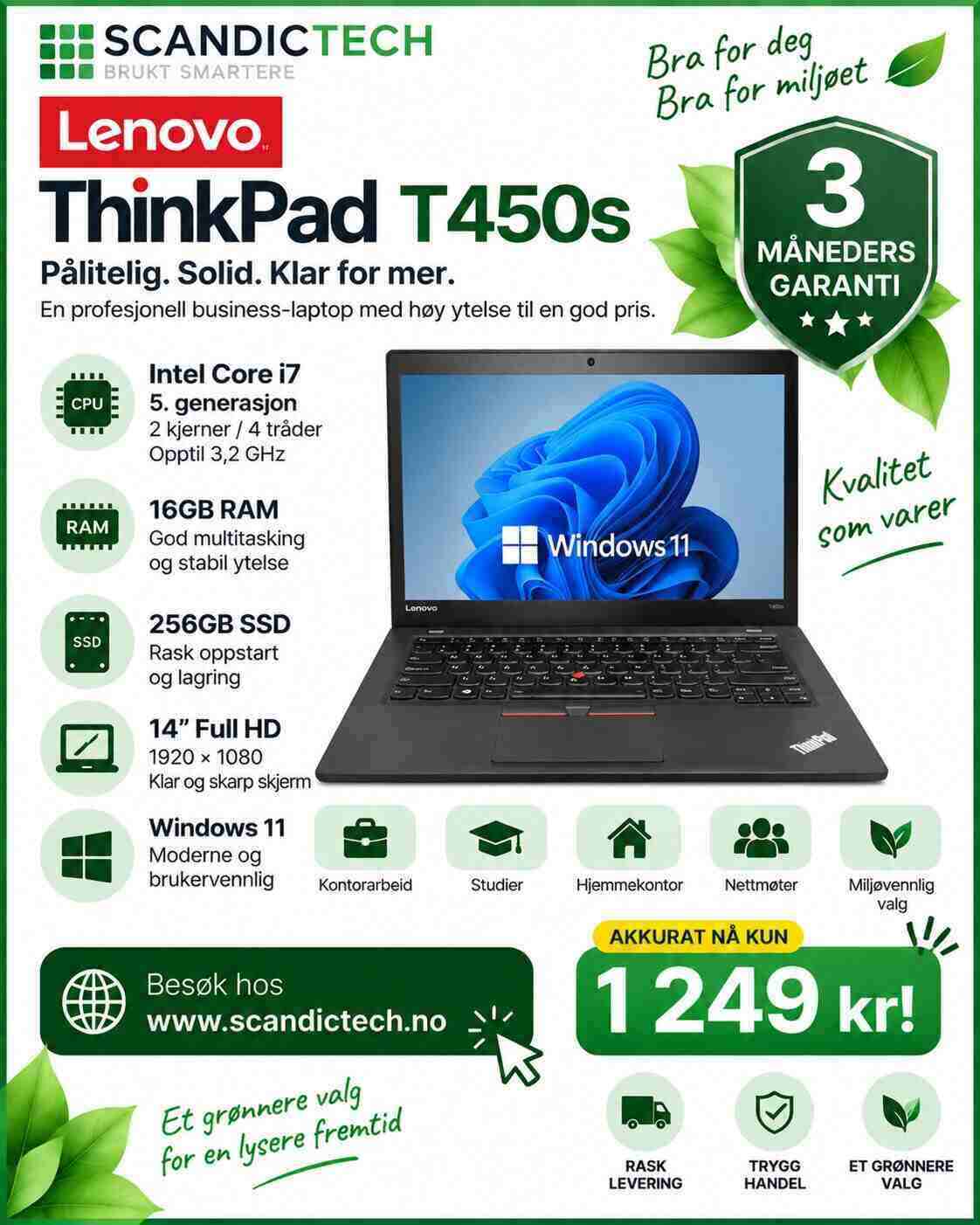 Tilbud! Lenovo ThinkPad T450s i7 - 5th Gen | 256GB SSD - 16GB RAM - Win 11