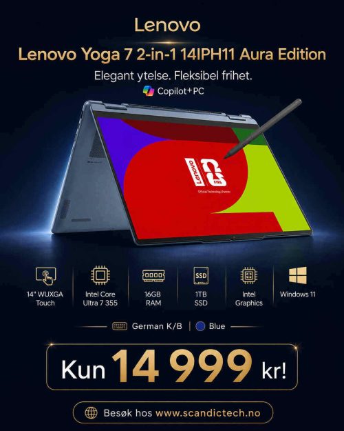 Lenovo Yoga 7 2-in-1 14IPH11 Aura Edition Laptop, 14" WUXGA Touch Display, Intel Core Ultra 7 355, 16GB RAM, 1TB SSD, Intel Graphics, Windows 11, Blue