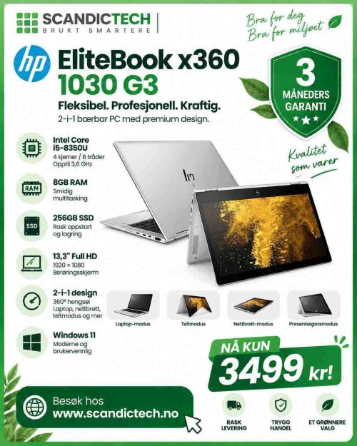 HP EliteBook x360 1030 G3 13,3 i5-8350U " 256GB SSD - 8GB RAM - 2-i-1 bærbar PC (sølv) - Win 11