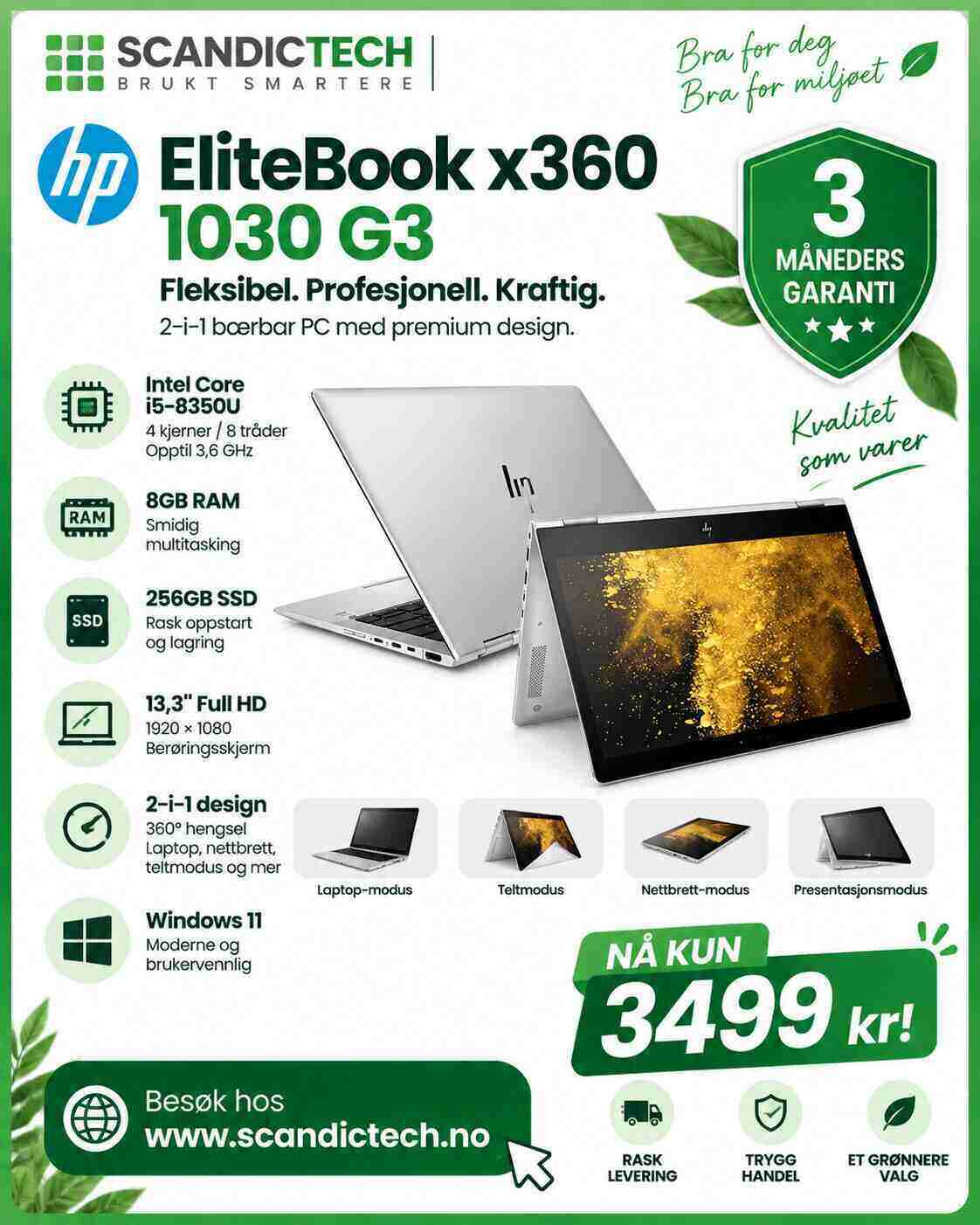 HP EliteBook x360 1030 G3 13,3 i5-8350U " 256GB SSD - 8GB RAM - 2-i-1 bærbar PC (sølv) - Win 11