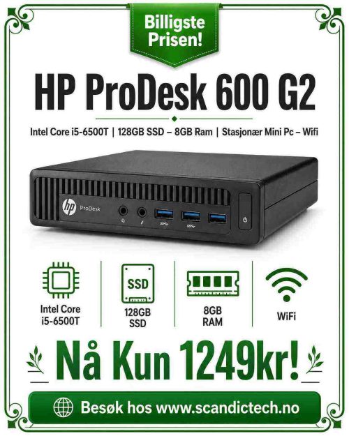 Billigste Prisen! HP ProDesk 600 G2 Intel Core i5-6500T | 128GB SSD – 8GB Ram | Stasjonær Mini Pc – Wifi