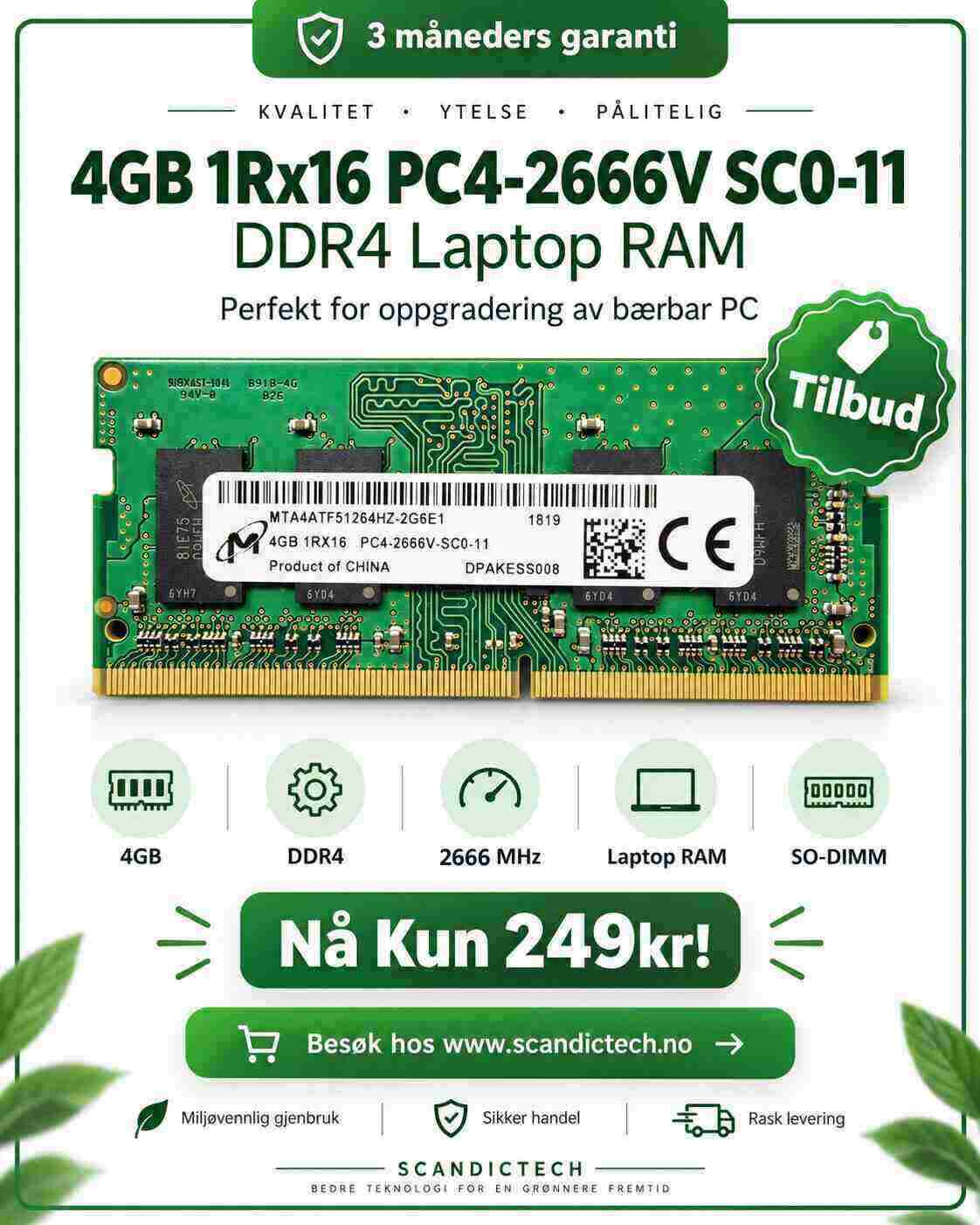 4GB 1Rx16 PC4-2666V SC0 11 DDR4 Laptop RAM