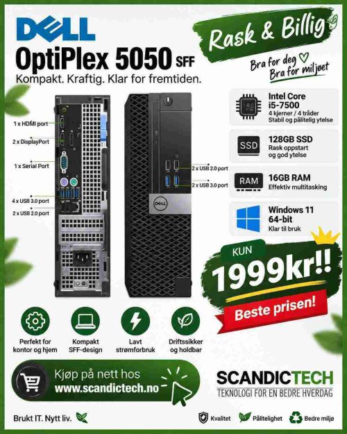 Rask & Billig Dell OptiPlex 5050 SFF i5-7500 – 128GB SSD – 16GB RAM – Windows 11 64-bit