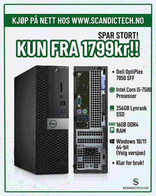 Rask & Billig Dell OptiPlex 7050 SFF I5-7500 - 256GB SSD - 16GB RAM - Windows 10/11 64-bit
