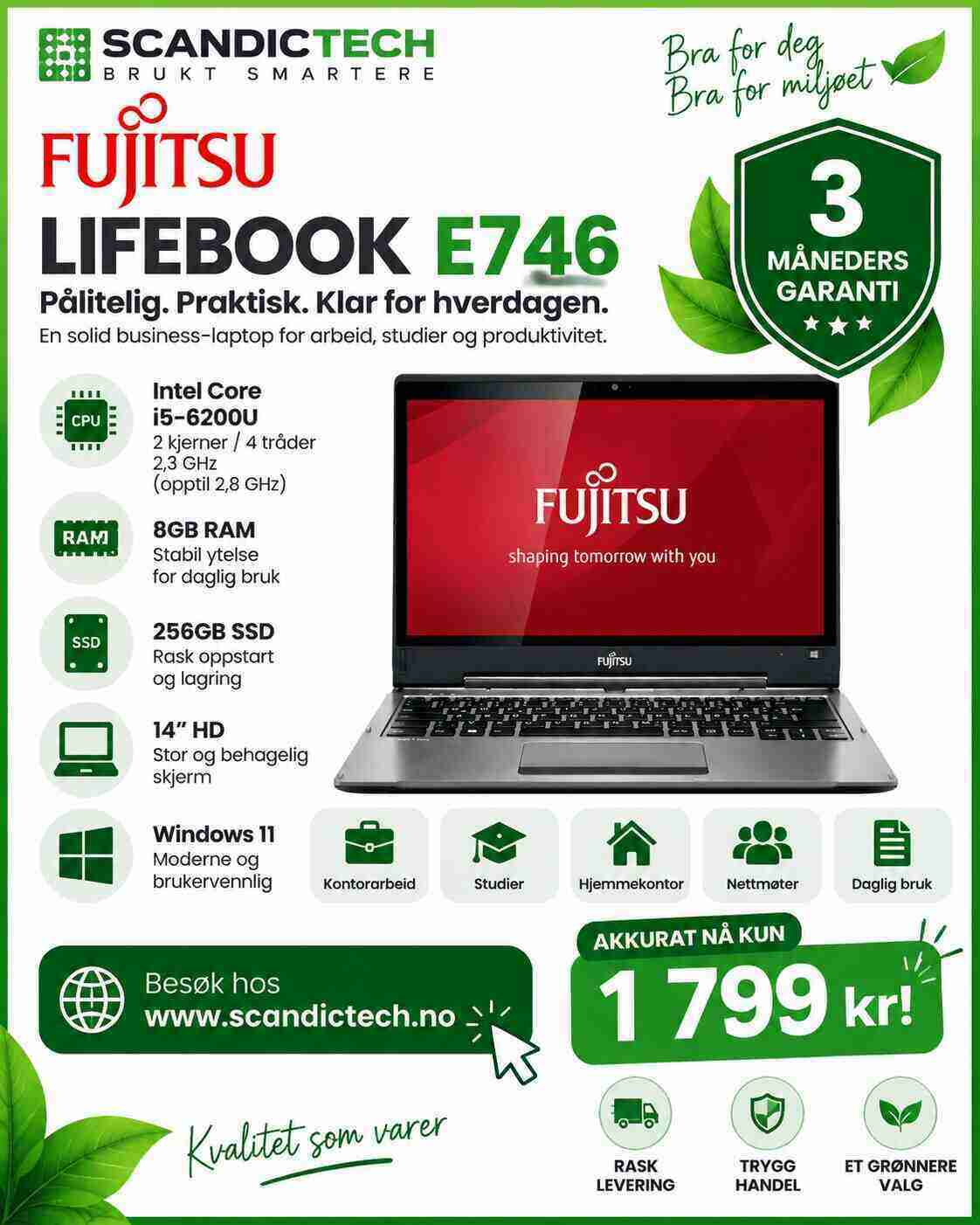 Pen Brukt Fujitsu Lifebook E746 i5-6200U 2.3GHz | 256GB SSD - 8GB RAM - Win 11