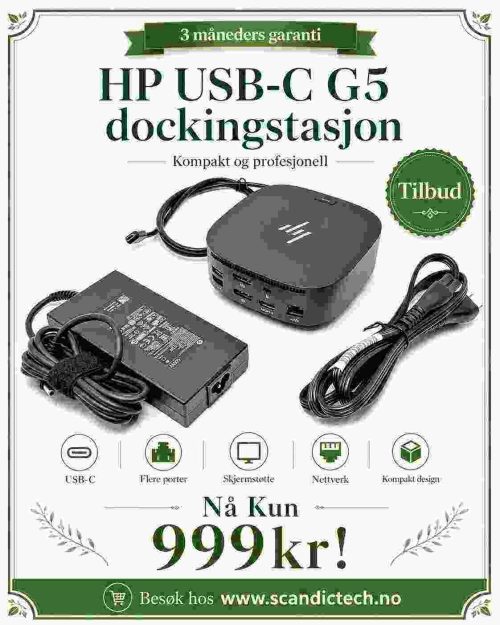 HP USB-C G5 dockingstasjon er en kompakt og profesjonell