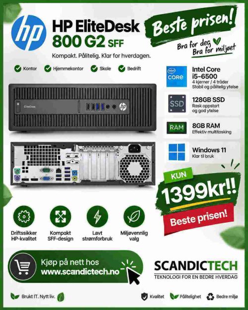 Beste prisen! HP EliteDesk 800 G2 SFF – i5-6500 – 128GB SSD – 8GB RAM – Win 11