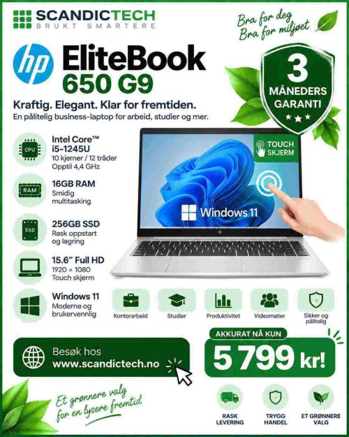 HP Elitebook 650 G9 15.6" Core™ i5 - 1245U | 256GB SSD - 16GB RAM - Touch Skjerm
