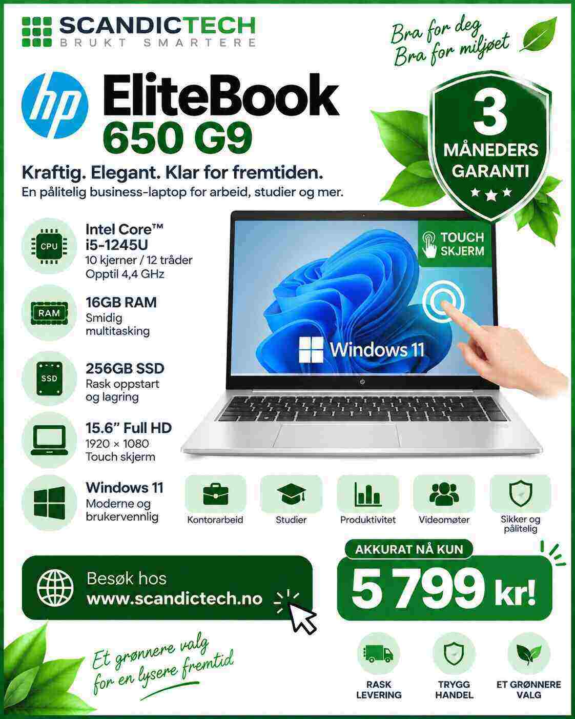 HP Elitebook 650 G9 15.6" Core™ i5 - 1245U | 256GB SSD - 16GB RAM - Touch Skjerm