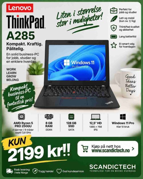 Lenovo ThinkPad A285 12,5" Ryzen 5 Pro 2500U - 128GB SSD - 8GB RAM - bærbar PC (sort)