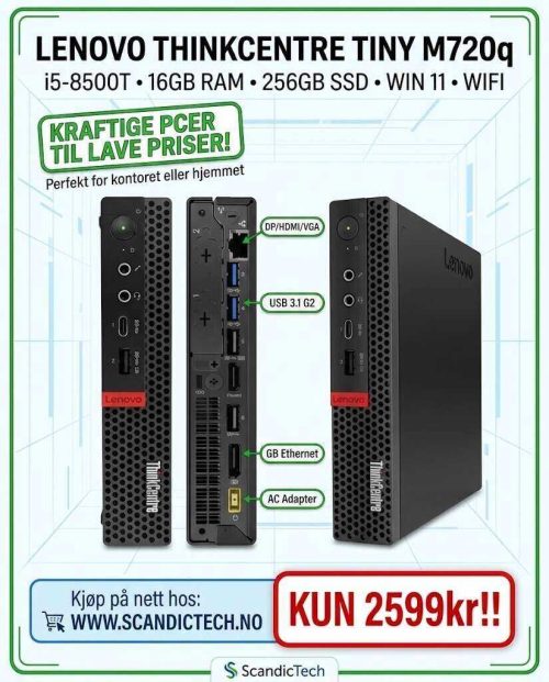 Kraftige PCer til lave priser! Lenovo ThinkCentre Tiny M720q i5-8500T – 16GB RAM – 256GB SSD – Win 11 – Wifi