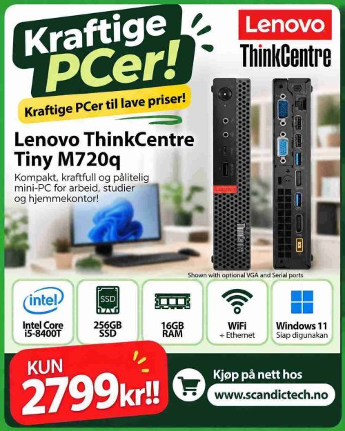 Kraftige PCer til lave priser! Lenovo ThinkCentre Tiny M720q i5-8400T – 16GB RAM – 256GB SSD – Win 11 – Wifi