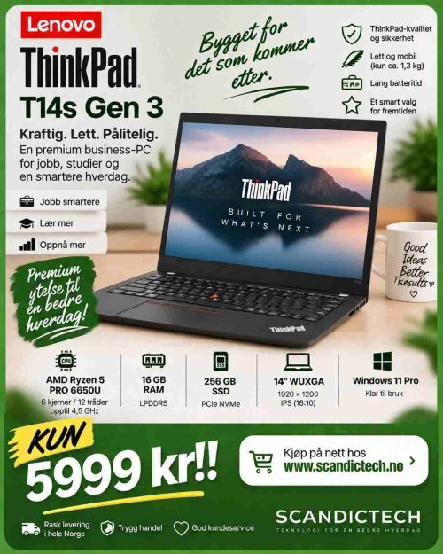 Lenovo ThinkPad T14s Gen 3 – Ryzen 5 Pro 6650U / 256GB SSD – 16GB RAM – Kraftig premium business-PC til salgs