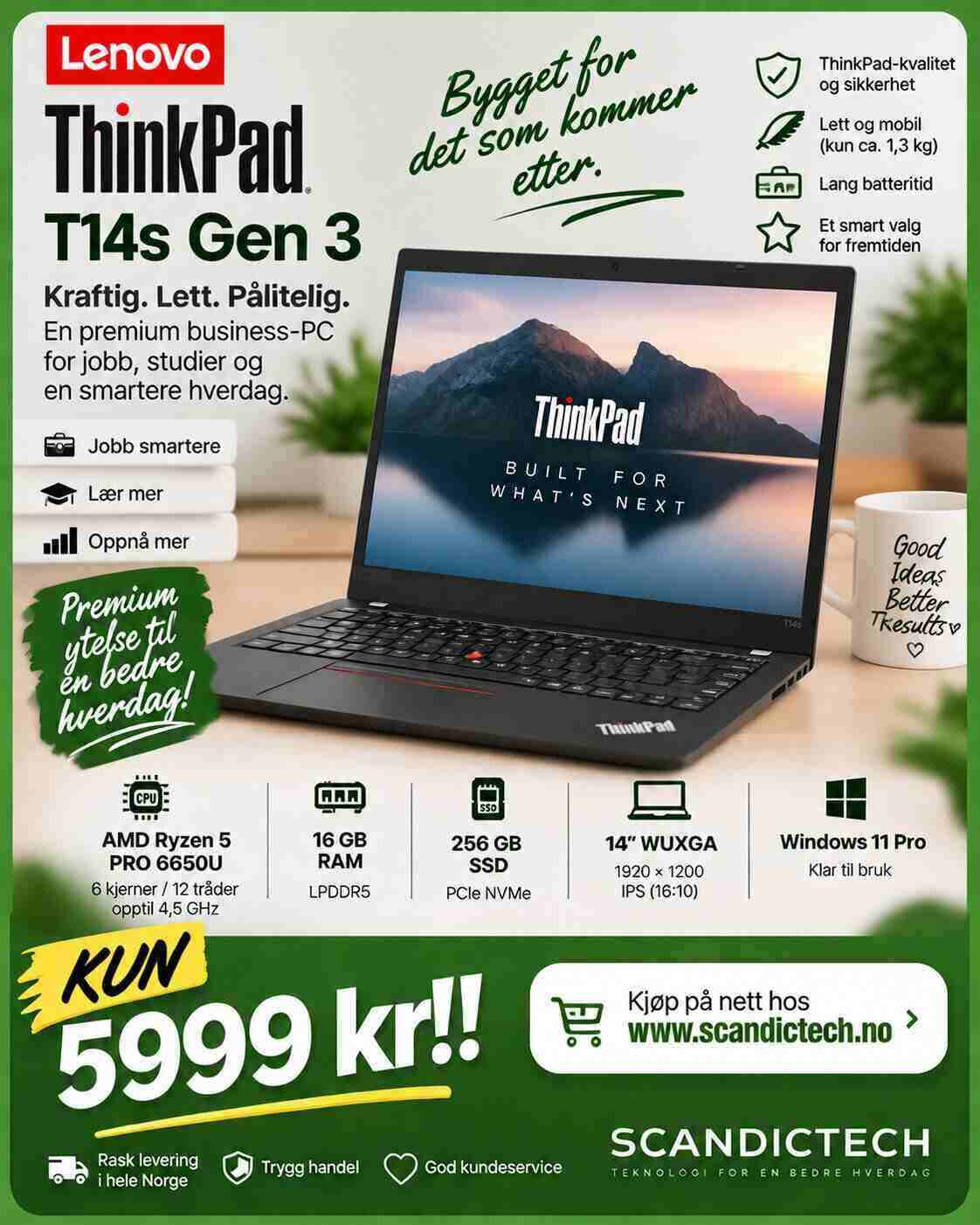 Lenovo ThinkPad T14s Gen 3 – Ryzen 5 Pro 6650U / 256GB SSD – 16GB RAM – Kraftig premium business-PC til salgs