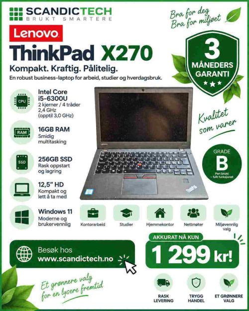 Lenovo ThinkPad X270 i5-6300U | 256GB SSD - 16GB RAM - Win 11 - Grade B