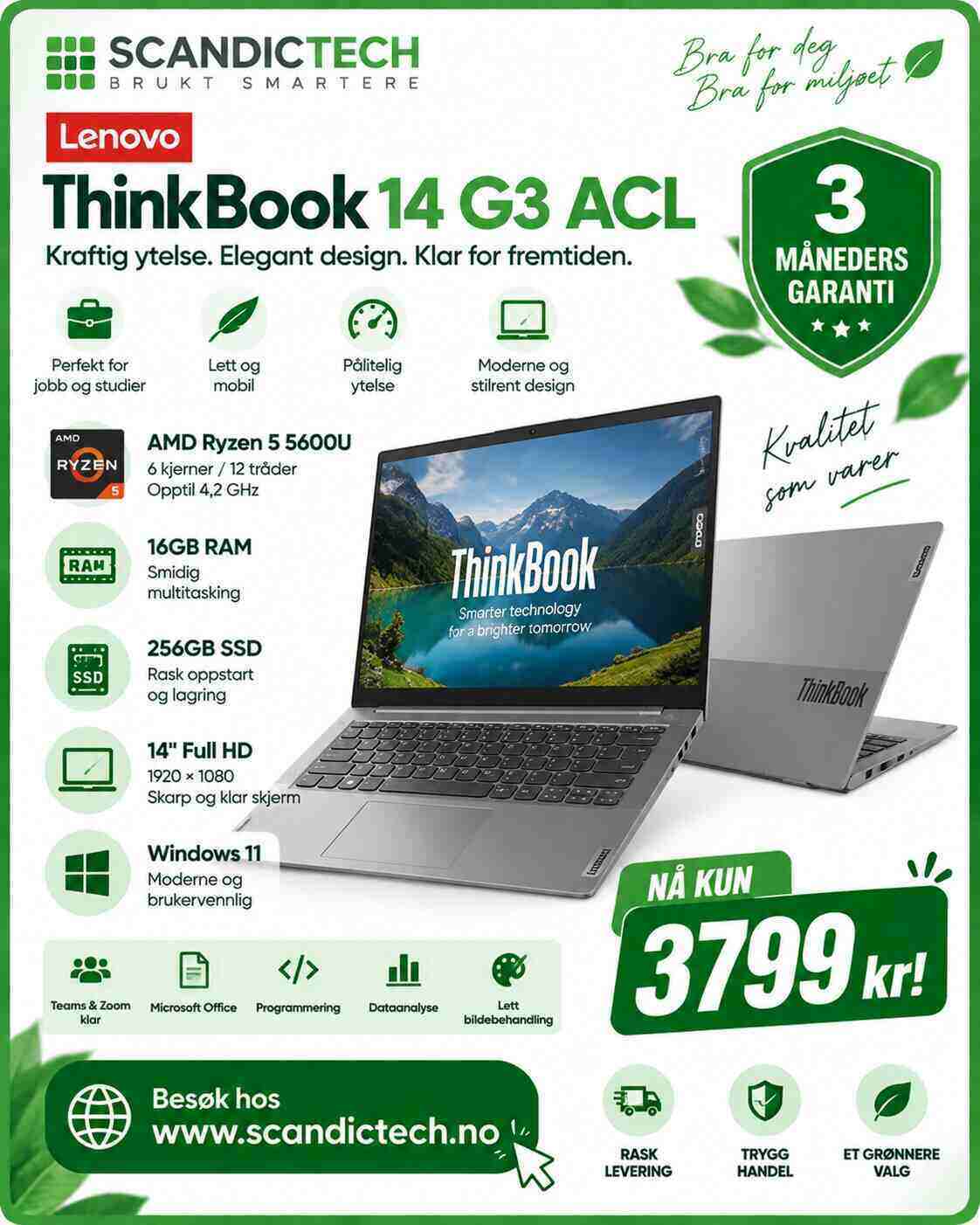 ThinkBook 14 G3 ACL AMD Ryzen 5 5600U 14inch FHD - 256GB SSD - 16GB RAM - Win 11