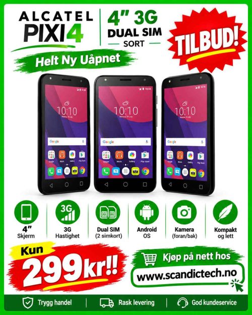 Tilbud! ALCATEL PIXI4 4" 3G DUAL SIM SORT - Helt Ny Uåpnet