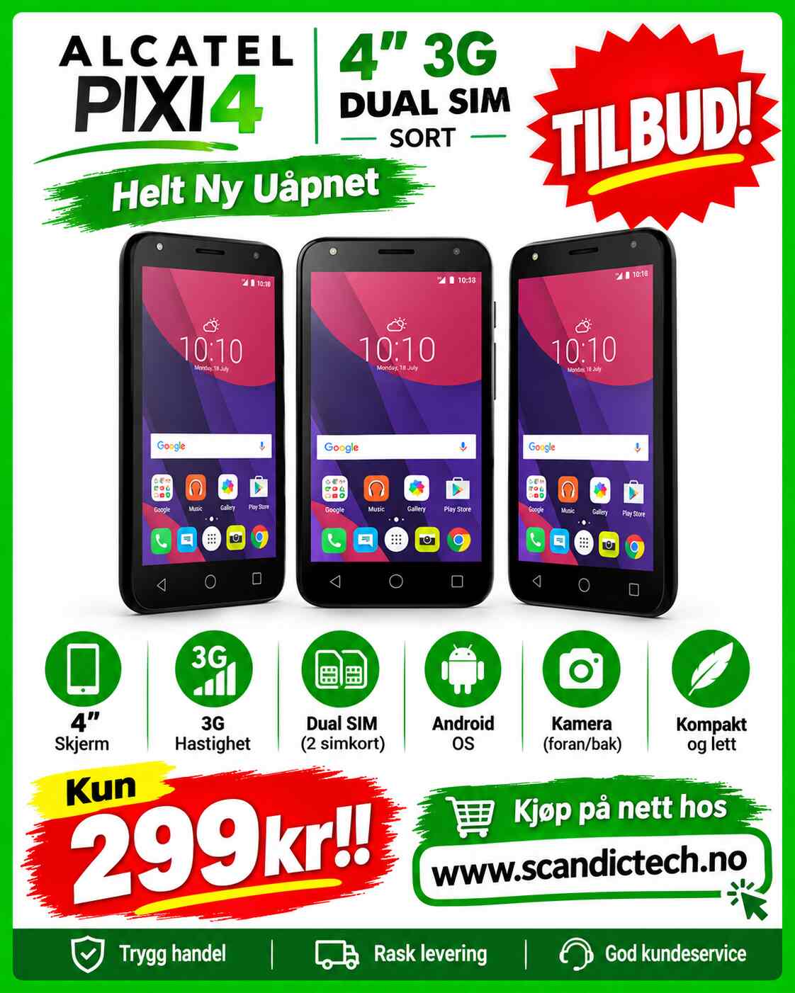 Tilbud! ALCATEL PIXI4 4" 3G DUAL SIM SORT - Helt Ny Uåpnet