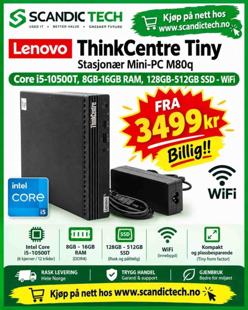 Billig!! Lenovo Thinkcentre Tiny Stasjonær Mini-PC M80q Core i5-10500T, 8GB-16GB RAM, 128GB-512GB SSD - WiFi