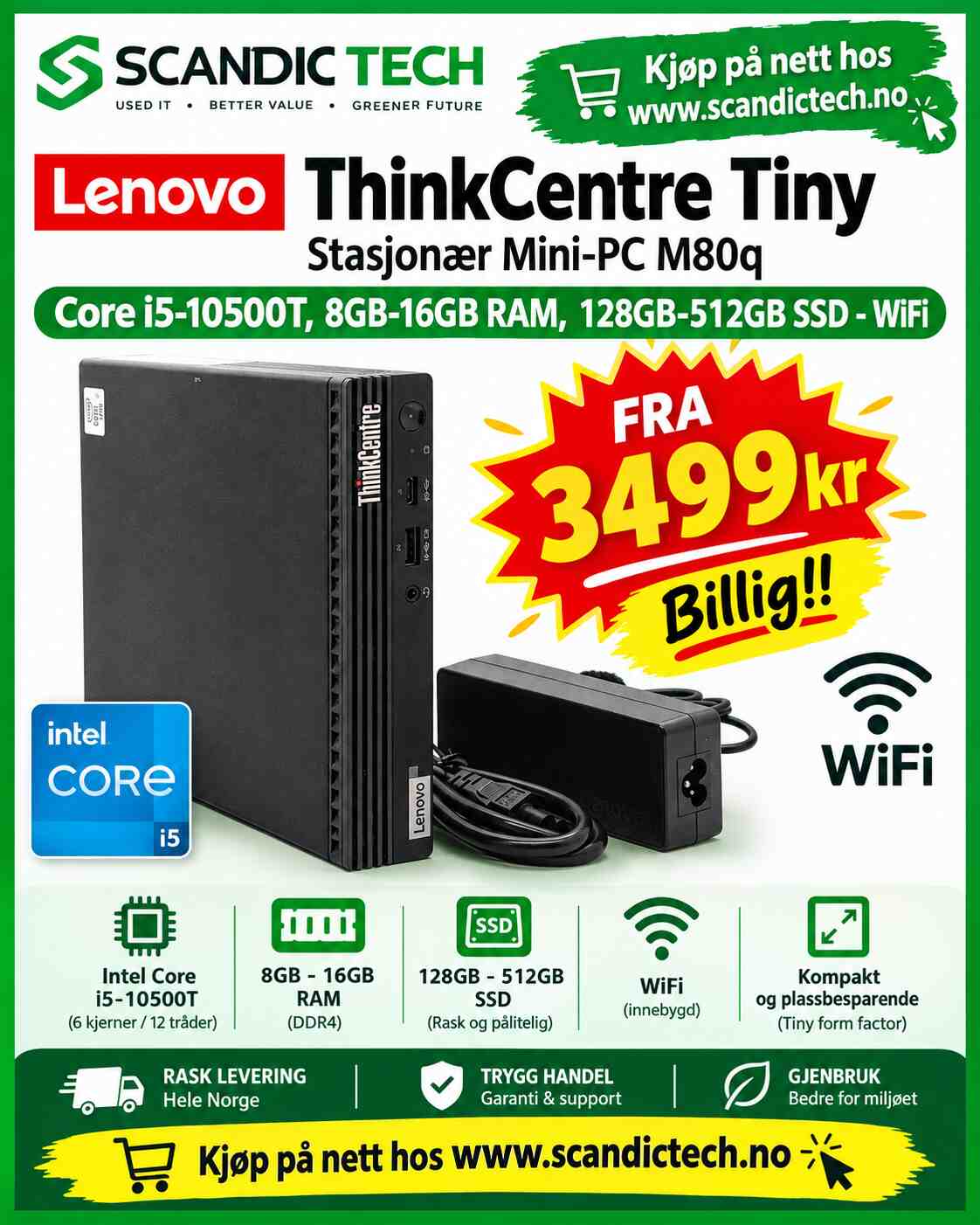 Billig!! Lenovo Thinkcentre Tiny Stasjonær Mini-PC M80q Core i5-10500T, 8GB-16GB RAM, 128GB-512GB SSD - WiFi