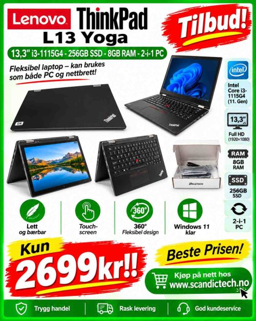 Beste Prisen! Lenovo ThinkPad L13 Yoga – 13,3" i3-1115G4 - 256GB SSD - 8GB RAM - 2-i-1 PC