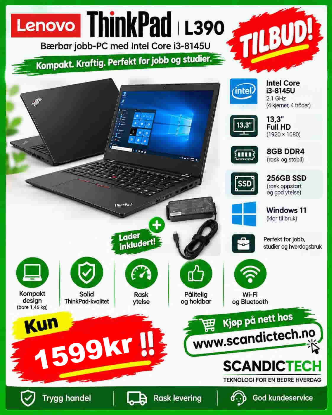 ThinkPad L390 | Bærbar jobb-PC med 13,3" | Full HD | 8GB DDR4 - 256GB SSD