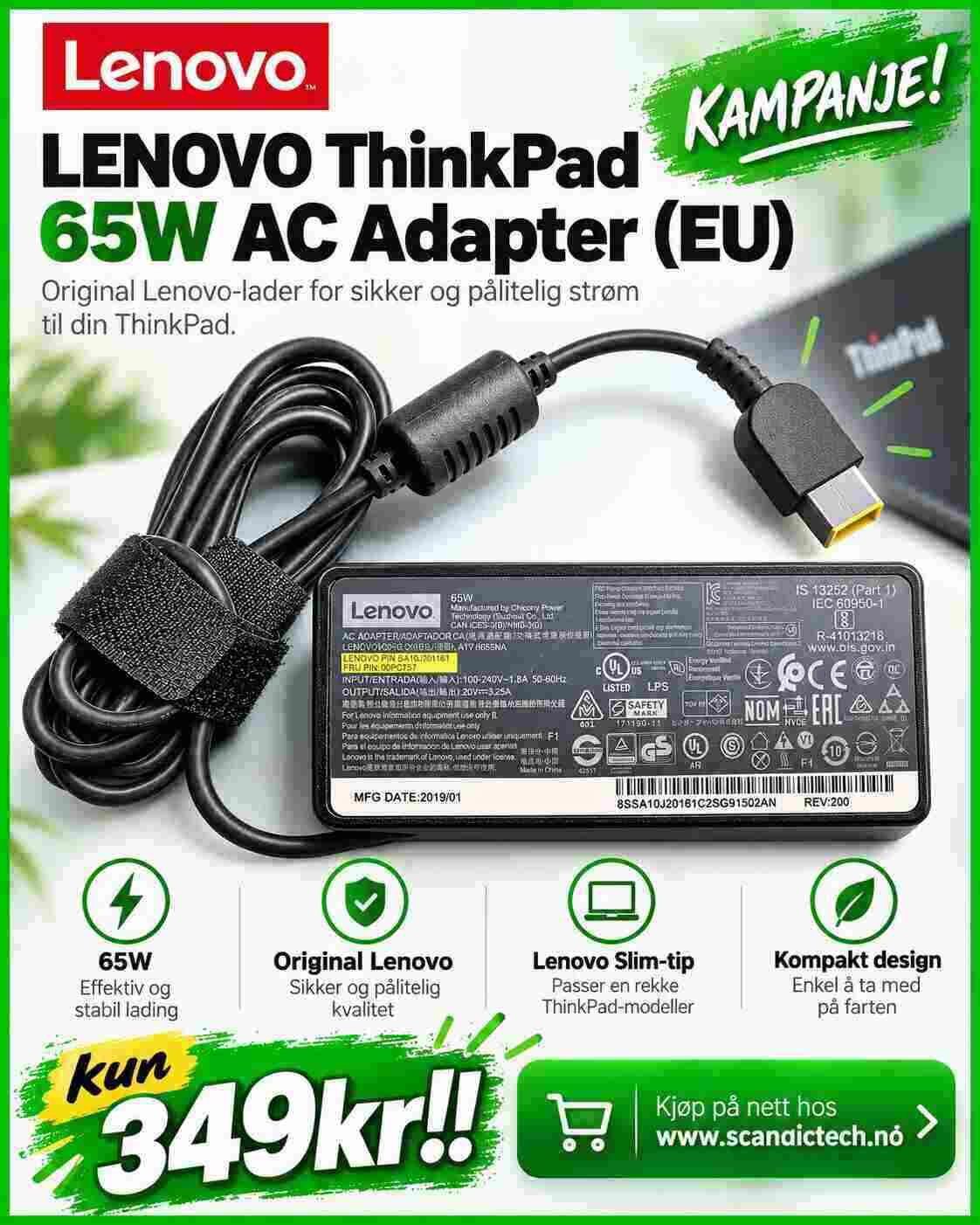 Lenovo ThinkPad 65W AC-adapter er en original strømadapter