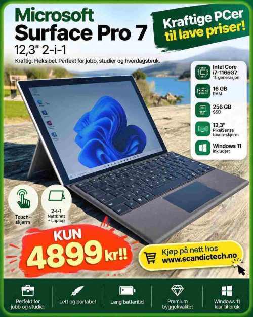 Kraftige PCer til lave priser! Microsoft Surface Pro 7 12,3" 2-i-1 - i7-1165G7 - 256GB SSD - 16GB RAM Tastatur - Win 11