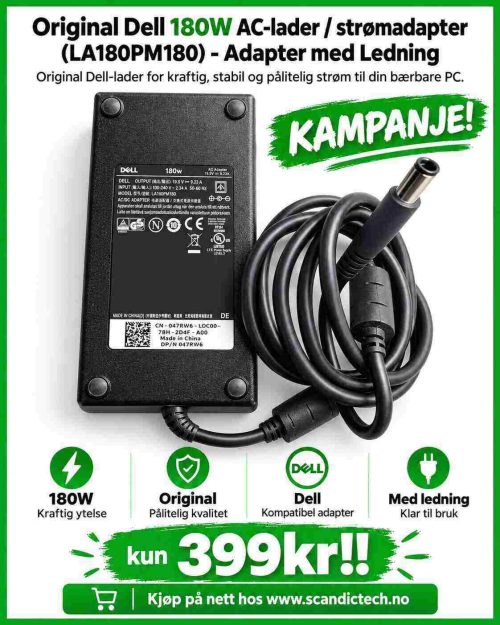 Original Dell 180W AC- Strømadapter (LA180PM180) - Adapter med Ledning