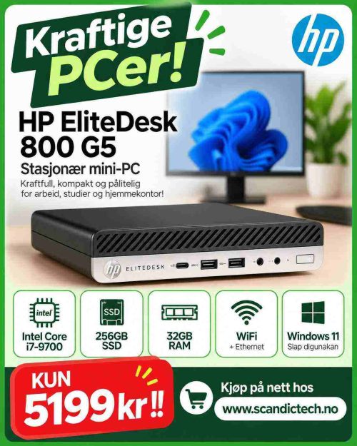 Kraftige PCer! HP EliteDesk 800 G5 - Intel Core i7-9700 - 256GB SSD - 32GB RAM - stasjonær mini-PC - Wifi - Win 11