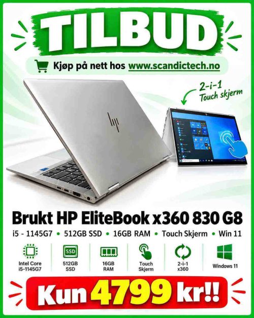 Brukt HP EliteBook x360 830 G8 - i5 - 1145G7 - 512GB SSD - 16GB RAM - Touch Skjerm - Win 11
