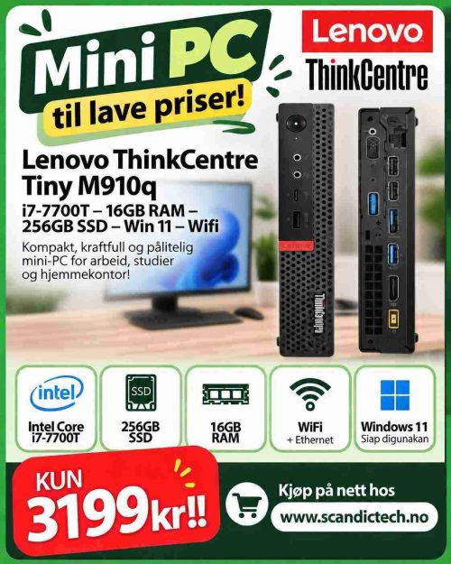 Mini PC til lave priser! Lenovo ThinkCentre Tiny M910q i7-7700T – 16GB RAM – 256GB SSD – Win 11 – Wifi