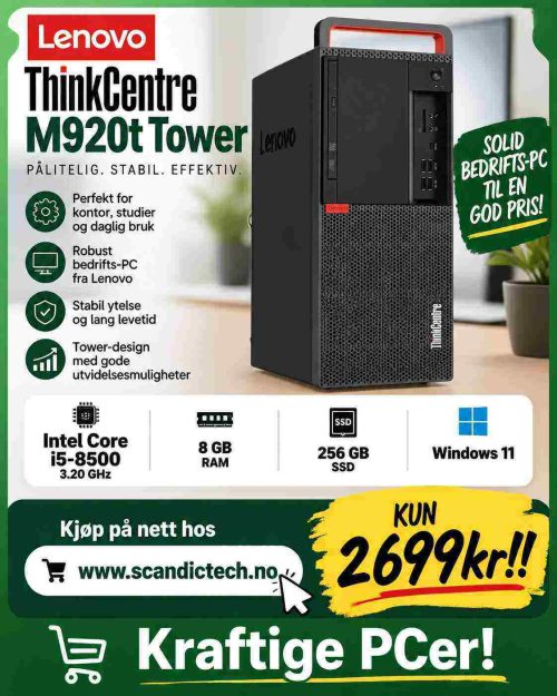 Kraftige PCer! Lenovo ThinkCentre M920t Tower Core i5-8500 - 3.20 GHz - 256GB SSD - 8GB RAM - Win 11
