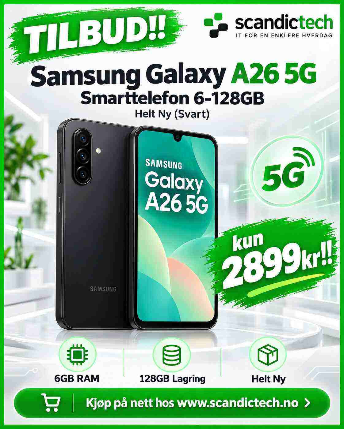 Tilbud!! Samsung Galaxy A26 5G Smarttelefon 6-128GB - Helt Ny (Svart)
